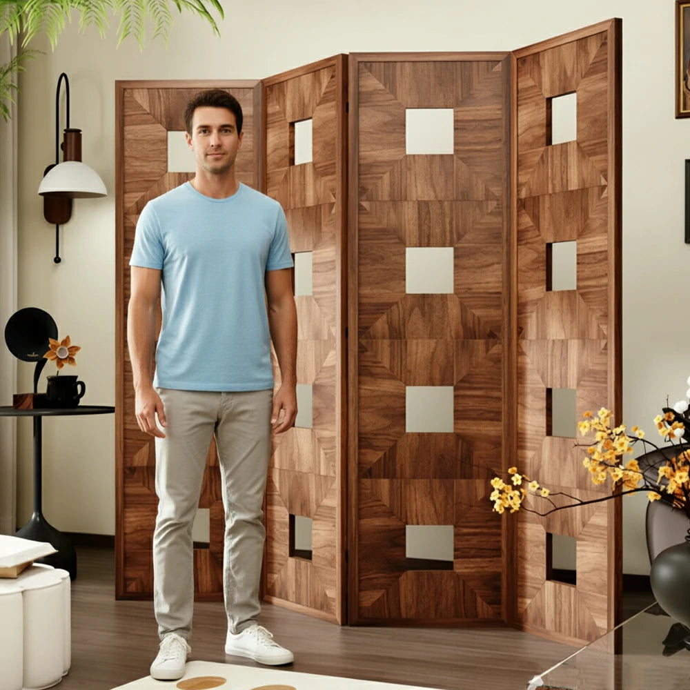 LUXORA 4 Panel Solid Wood Folding Screen Double-Sided Geometric Design Room Divider Decorative Privacy Partition for Home Office Living Room - Walnut
