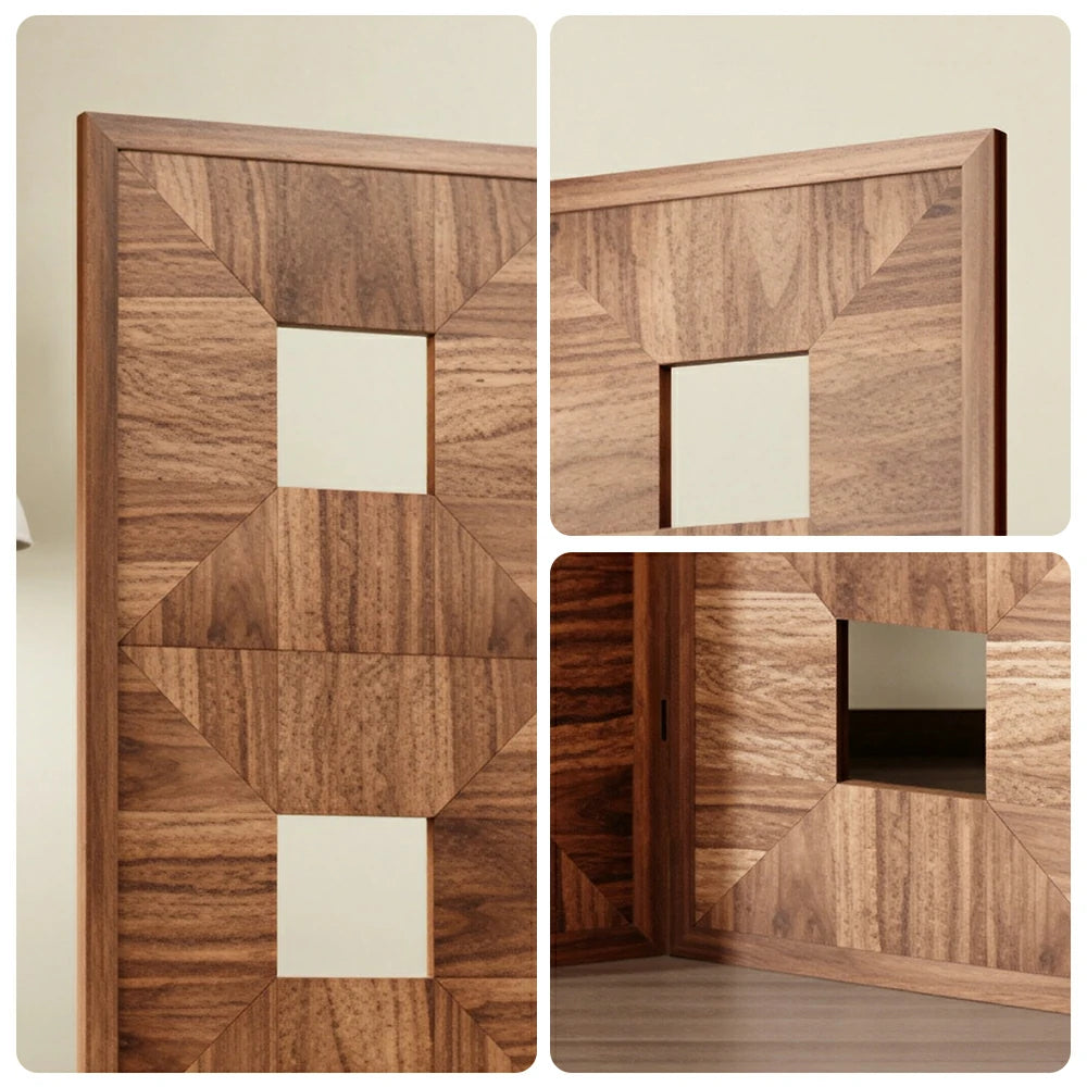 LUXORA 4 Panel Solid Wood Folding Screen Double-Sided Geometric Design Room Divider Decorative Privacy Partition for Home Office Living Room - Walnut