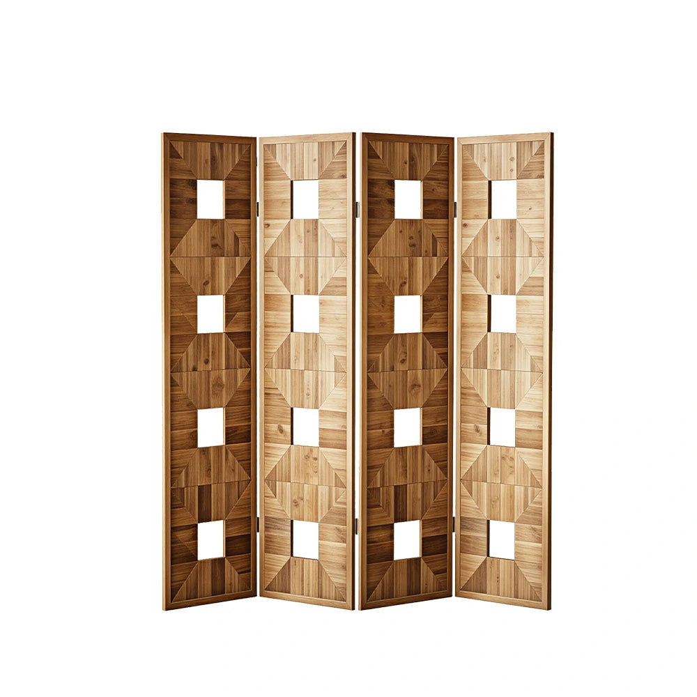 LUXORA 4 Panel Solid Wood Folding Screen Double-Sided Geometric Design Room Divider Decorative Privacy Partition for Home Office Living Room - Walnut