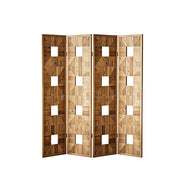 LUXORA 4 Panel Solid Wood Folding Screen Double-Sided Geometric Design Room Divider Decorative Privacy Partition for Home Office Living Room - Walnut