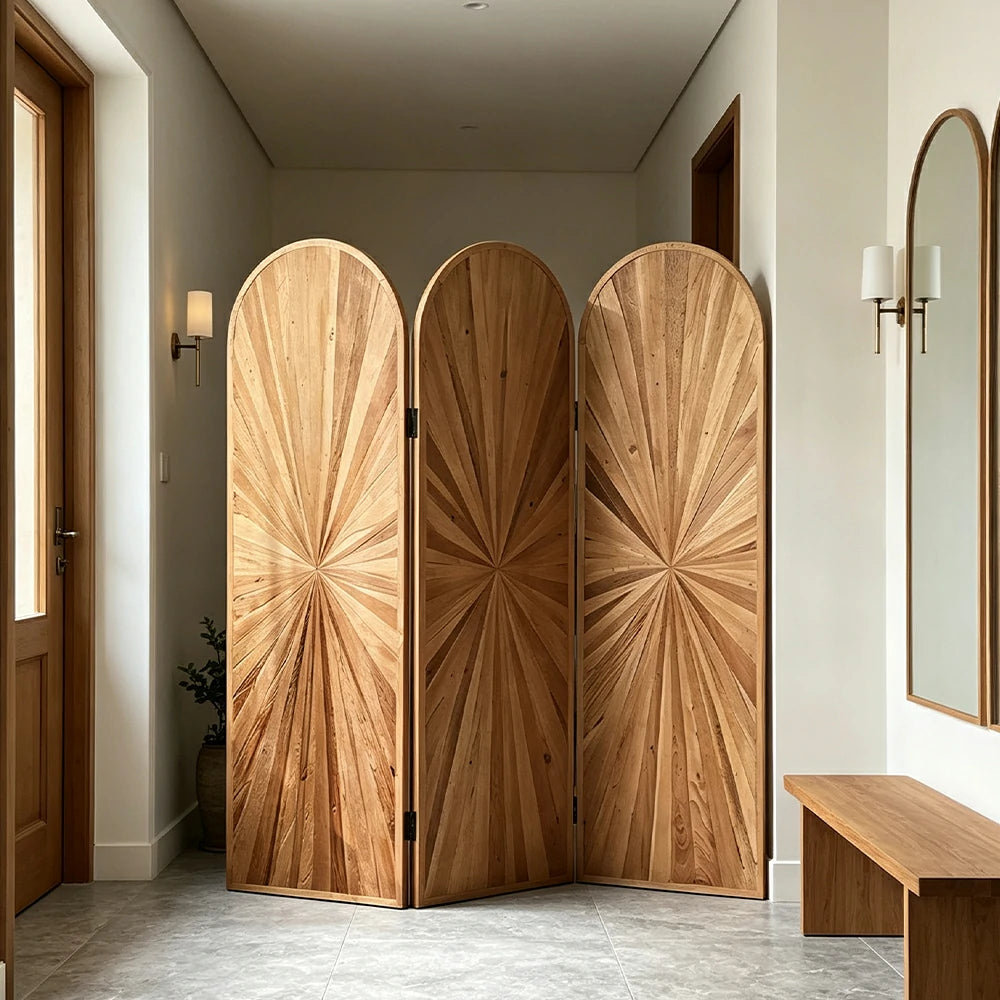 LUXORA 3 Panel Solid Wood Folding Screen Double Sided Wood Grain Design Arch Room Divider Privacy Partition for Living Room Bedroom - Natural