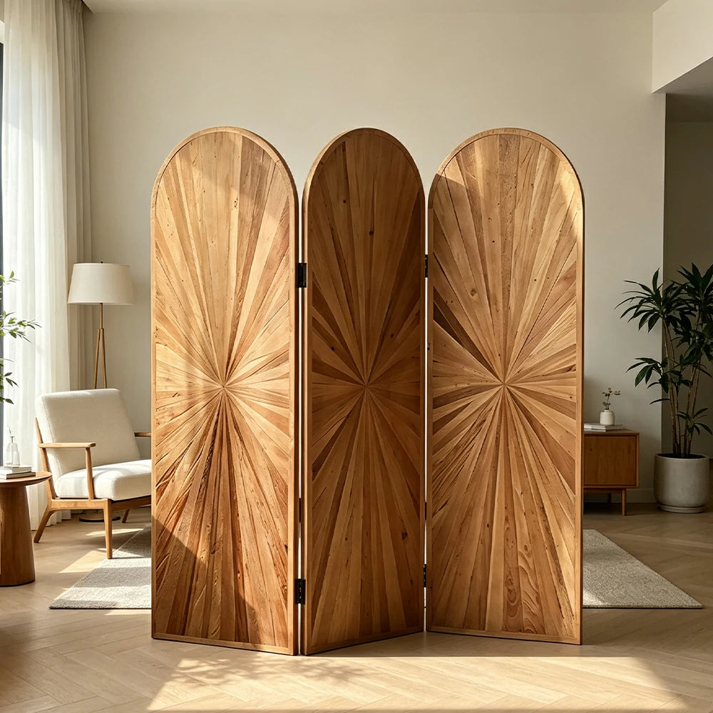 LUXORA 3 Panel Solid Wood Folding Screen Double Sided Wood Grain Design Arch Room Divider Privacy Partition for Living Room Bedroom - Natural