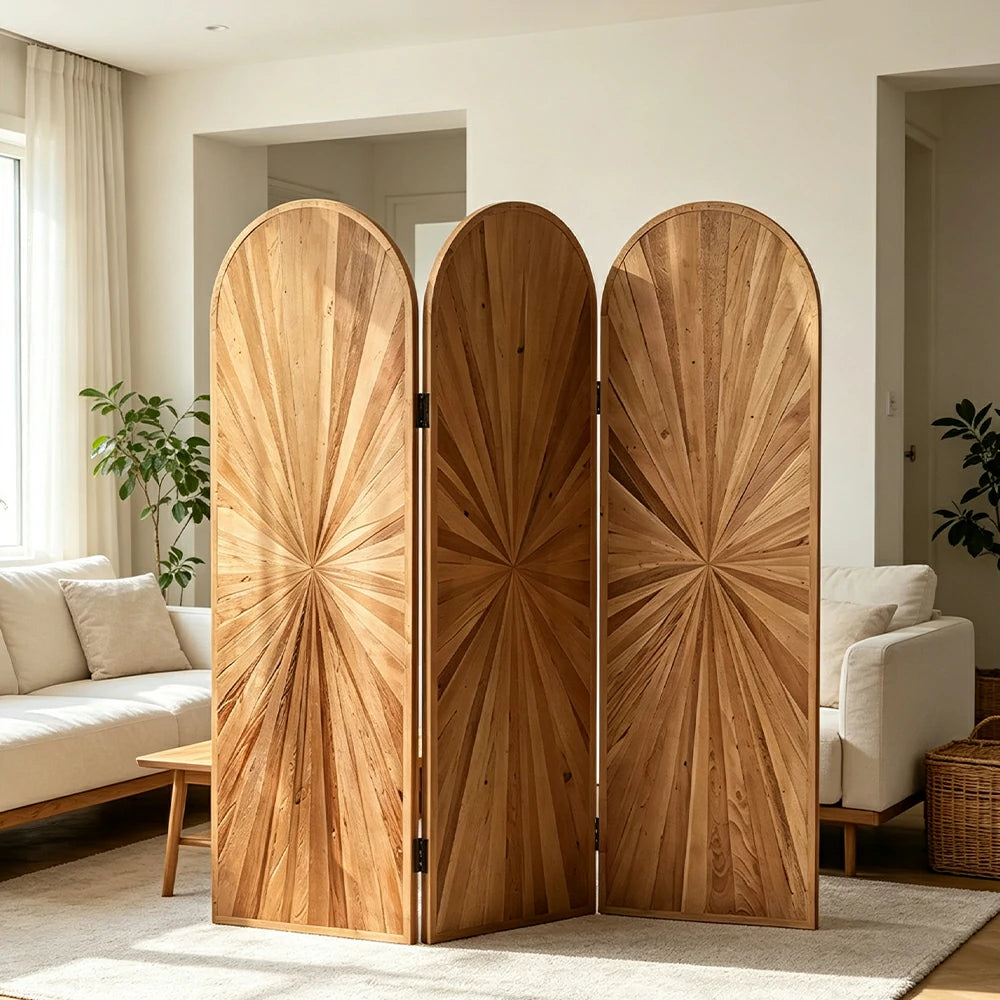 LUXORA 3 Panel Solid Wood Folding Screen Double Sided Wood Grain Design Arch Room Divider Privacy Partition for Living Room Bedroom - Natural