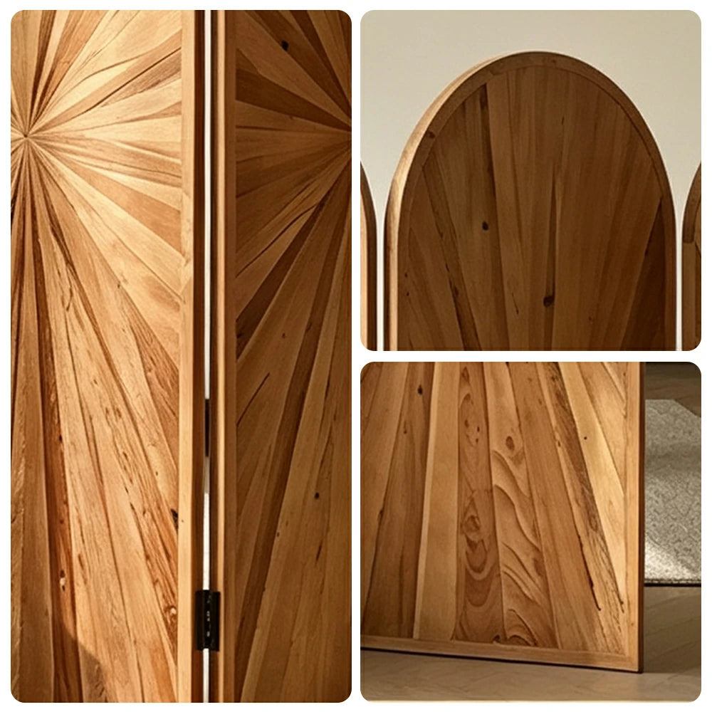LUXORA 3 Panel Solid Wood Folding Screen Double Sided Wood Grain Design Arch Room Divider Privacy Partition for Living Room Bedroom - Natural