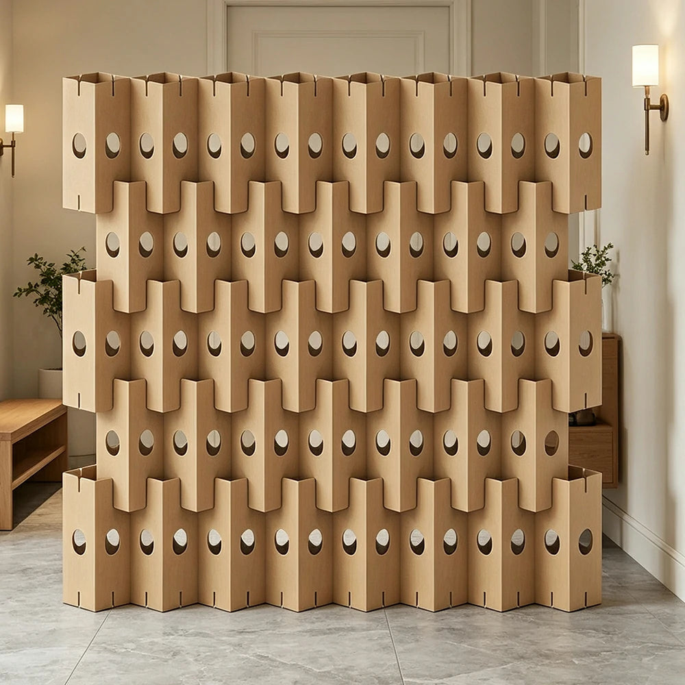 LUXORA Modular Corrugated Paper Folding Screen 3D Wave Texture Room Divider Decorative Partition Display Background for Home Event - Beige