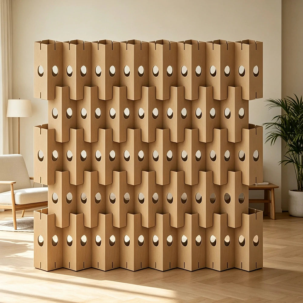 LUXORA Modular Corrugated Paper Folding Screen 3D Wave Texture Room Divider Decorative Partition Display Background for Home Event - Beige