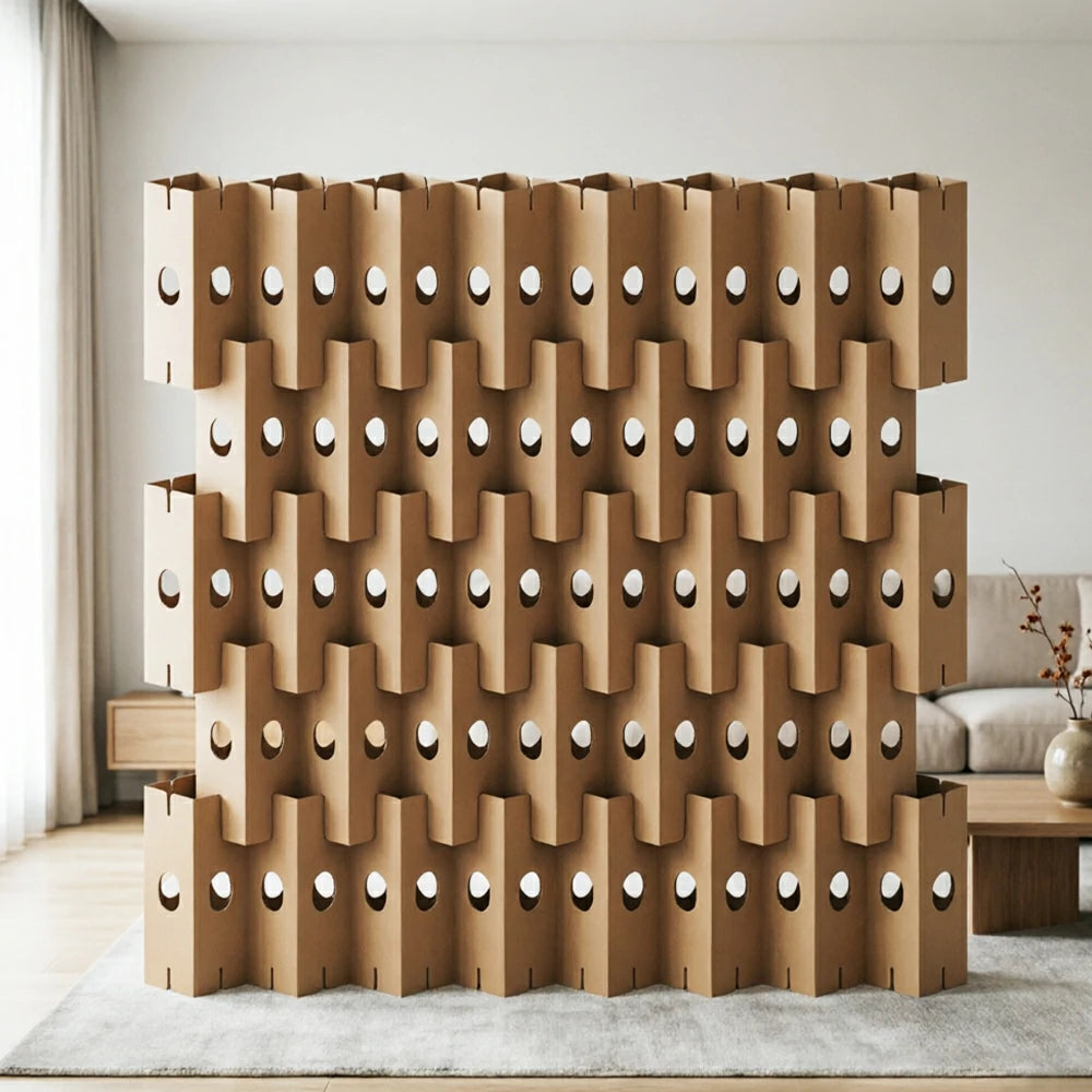 LUXORA Modular Corrugated Paper Folding Screen 3D Wave Texture Room Divider Decorative Partition Display Background for Home Event - Beige