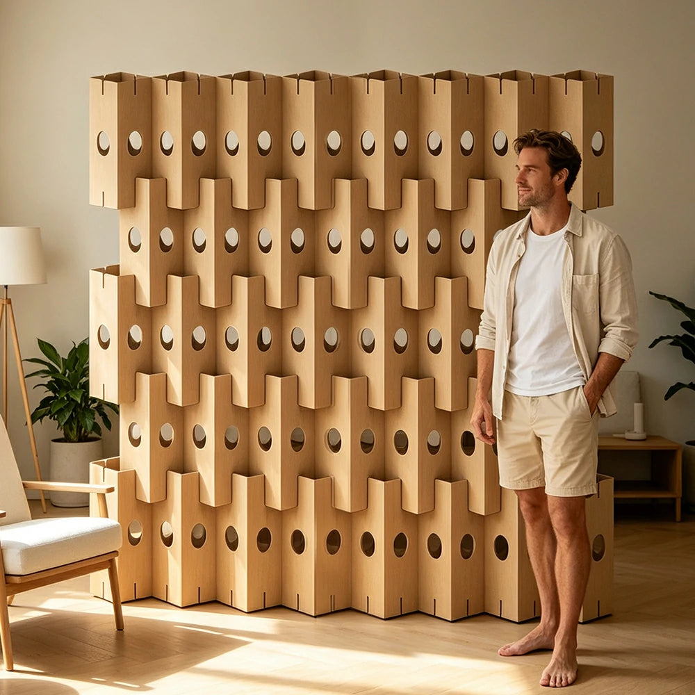 LUXORA Modular Corrugated Paper Folding Screen 3D Wave Texture Room Divider Decorative Partition Display Background for Home Event - Beige