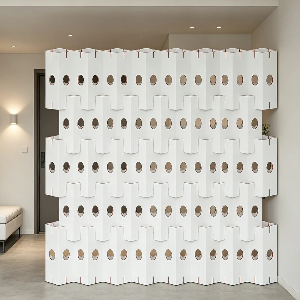 LUXORA Modular Corrugated Paper Folding Screen 3D Wave Texture Room Divider Decorative Partition Display Background for Home Event - White