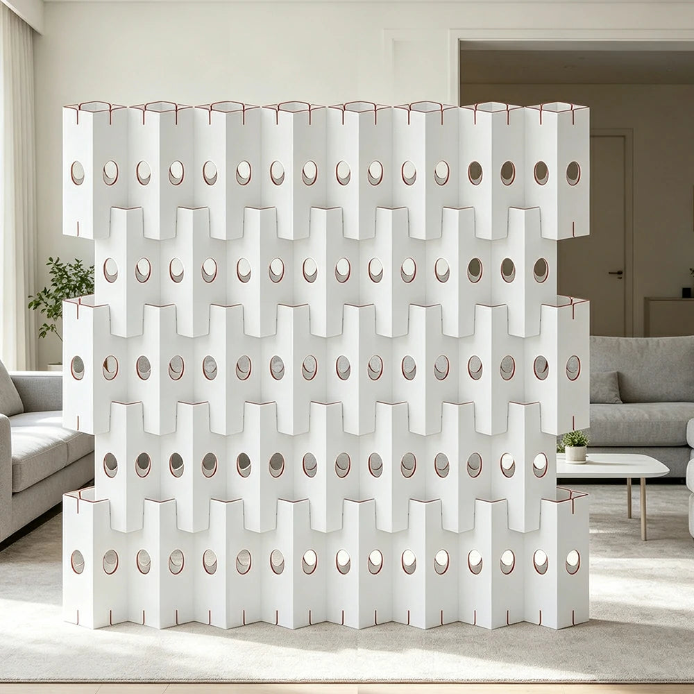 LUXORA Modular Corrugated Paper Folding Screen 3D Wave Texture Room Divider Decorative Partition Display Background for Home Event - White