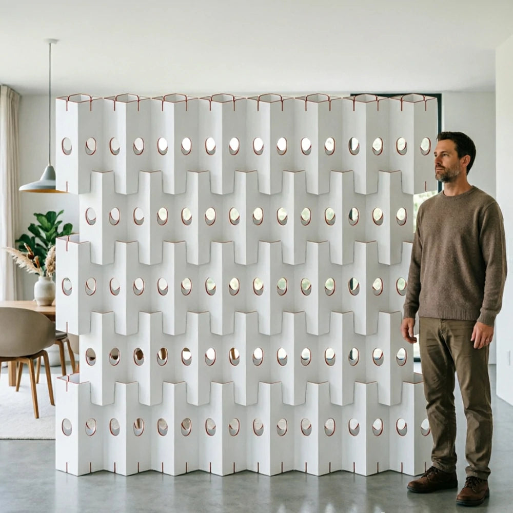LUXORA Modular Corrugated Paper Folding Screen 3D Wave Texture Room Divider Decorative Partition Display Background for Home Event - White