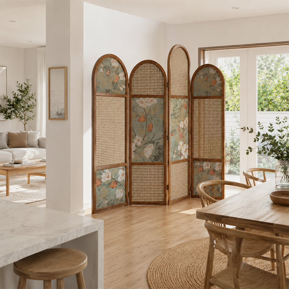 LUXORA 4 Panel Walnut Wood Folding Room Divider with Arched Rattan & Floral Print for Bedroom Living Room - Walnut & Natural