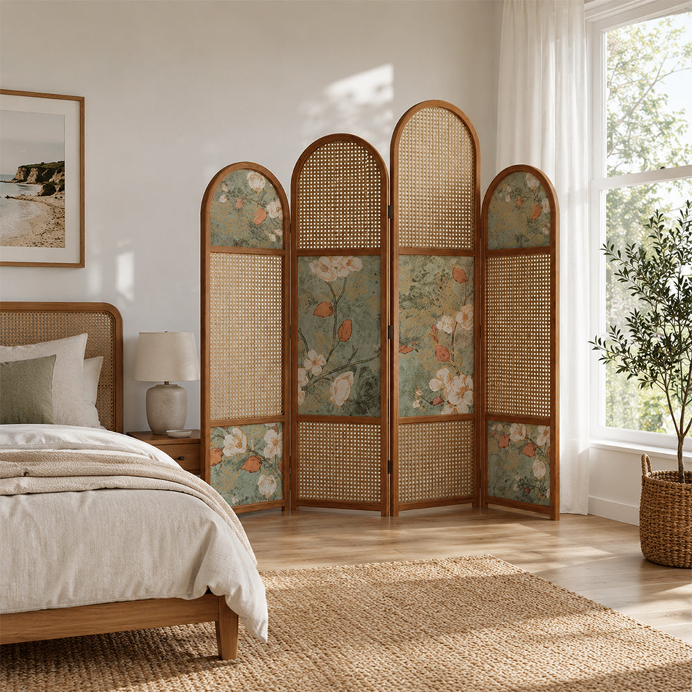 LUXORA 4 Panel Walnut Wood Folding Room Divider with Arched Rattan & Floral Print for Bedroom Living Room - Walnut & Natural