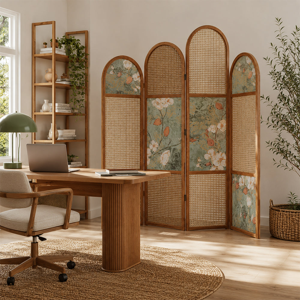 LUXORA 4 Panel Walnut Wood Folding Room Divider with Arched Rattan & Floral Print for Bedroom Living Room - Walnut & Natural