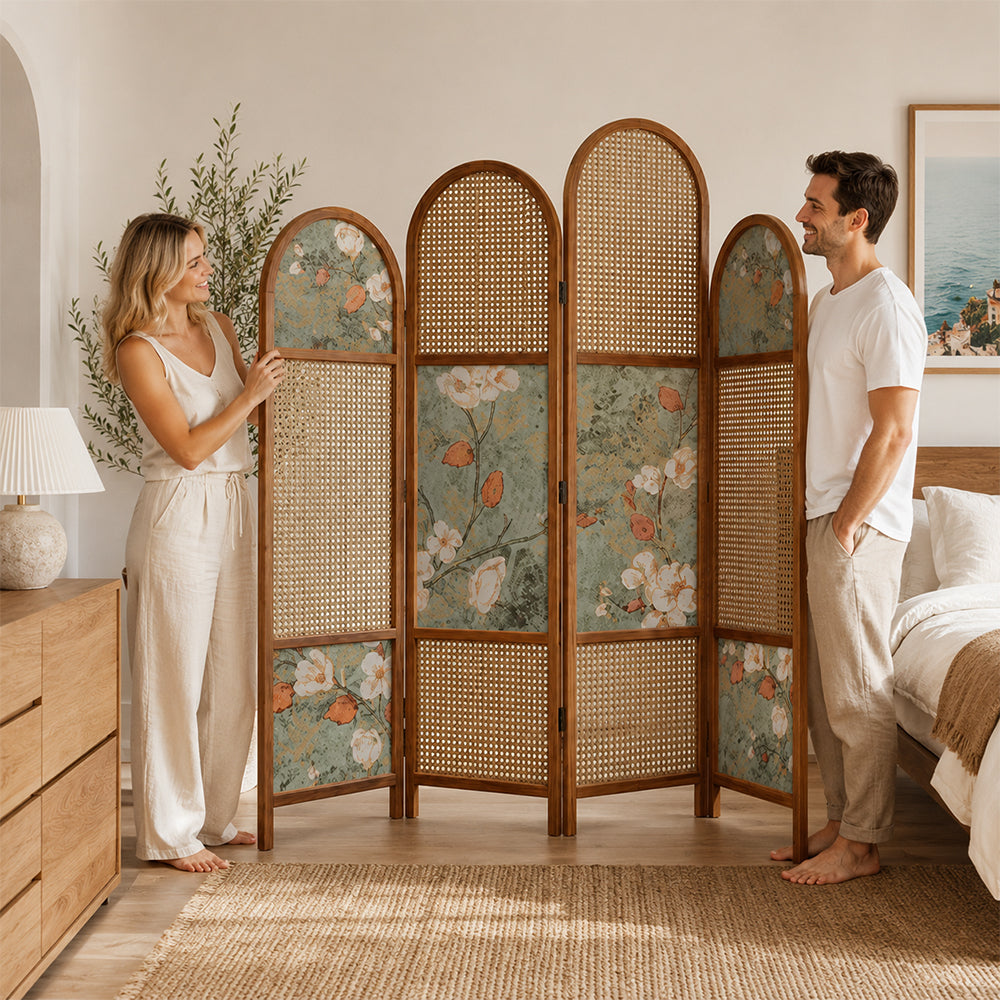 LUXORA 4 Panel Walnut Wood Folding Room Divider with Arched Rattan & Floral Print for Bedroom Living Room - Walnut & Natural