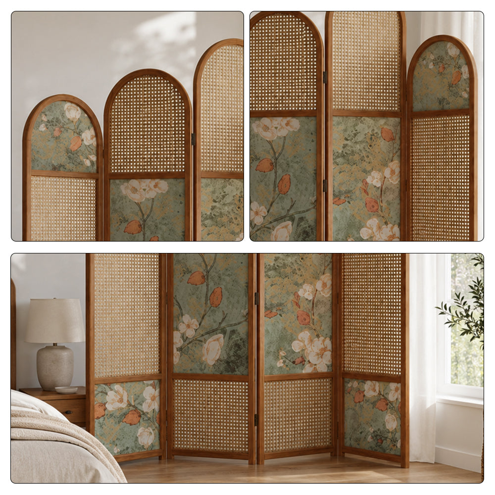 LUXORA 4 Panel Walnut Wood Folding Room Divider with Arched Rattan & Floral Print for Bedroom Living Room - Walnut & Natural