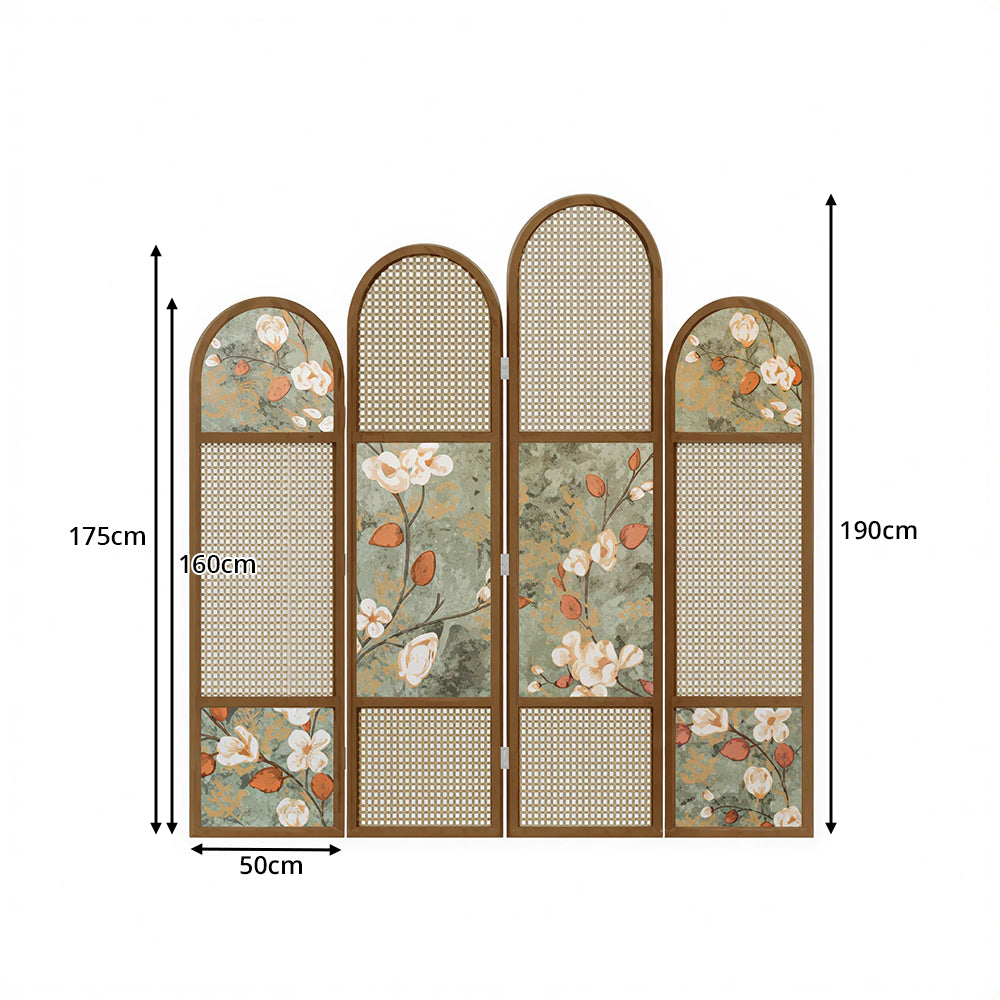LUXORA 4 Panel Walnut Wood Folding Room Divider with Arched Rattan & Floral Print for Bedroom Living Room - Walnut & Natural