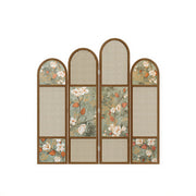 LUXORA 4 Panel Walnut Wood Folding Room Divider with Arched Rattan & Floral Print for Bedroom Living Room - Walnut & Natural