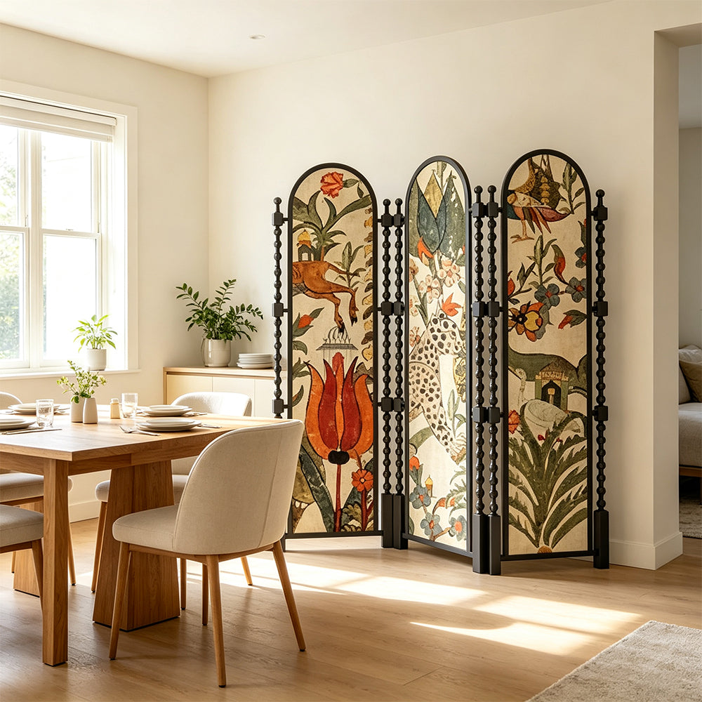 LUXORA 3 Panel Golden Walnut Wood Folding Room Divider with Arched Botanical Print for Living Room Bedroom - Walnut & Multicolour