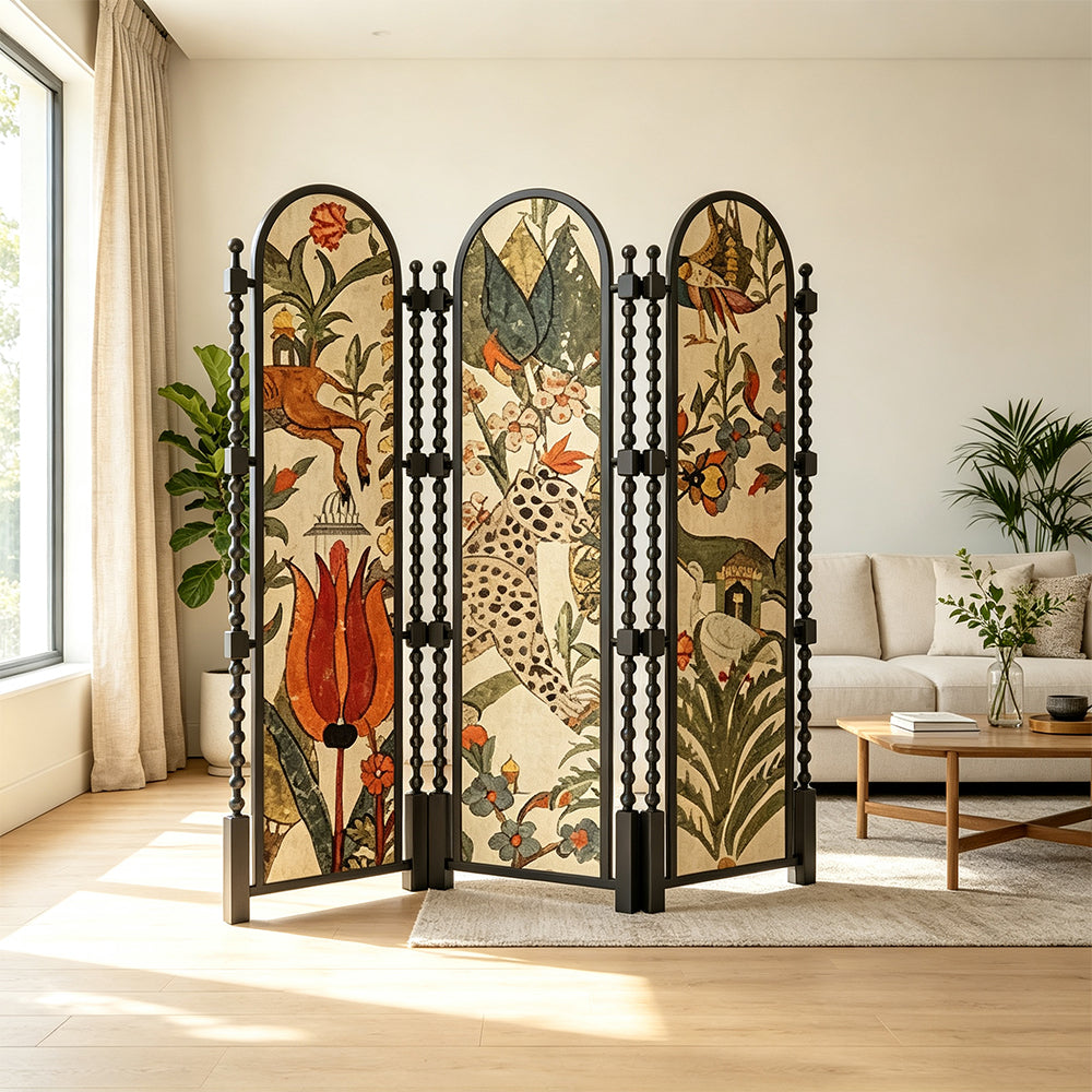 LUXORA 3 Panel Golden Walnut Wood Folding Room Divider with Arched Botanical Print for Living Room Bedroom - Walnut & Multicolour