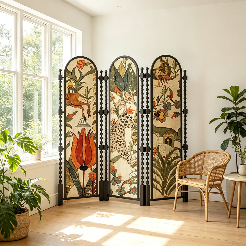 LUXORA 3 Panel Golden Walnut Wood Folding Room Divider with Arched Botanical Print for Living Room Bedroom - Walnut & Multicolour