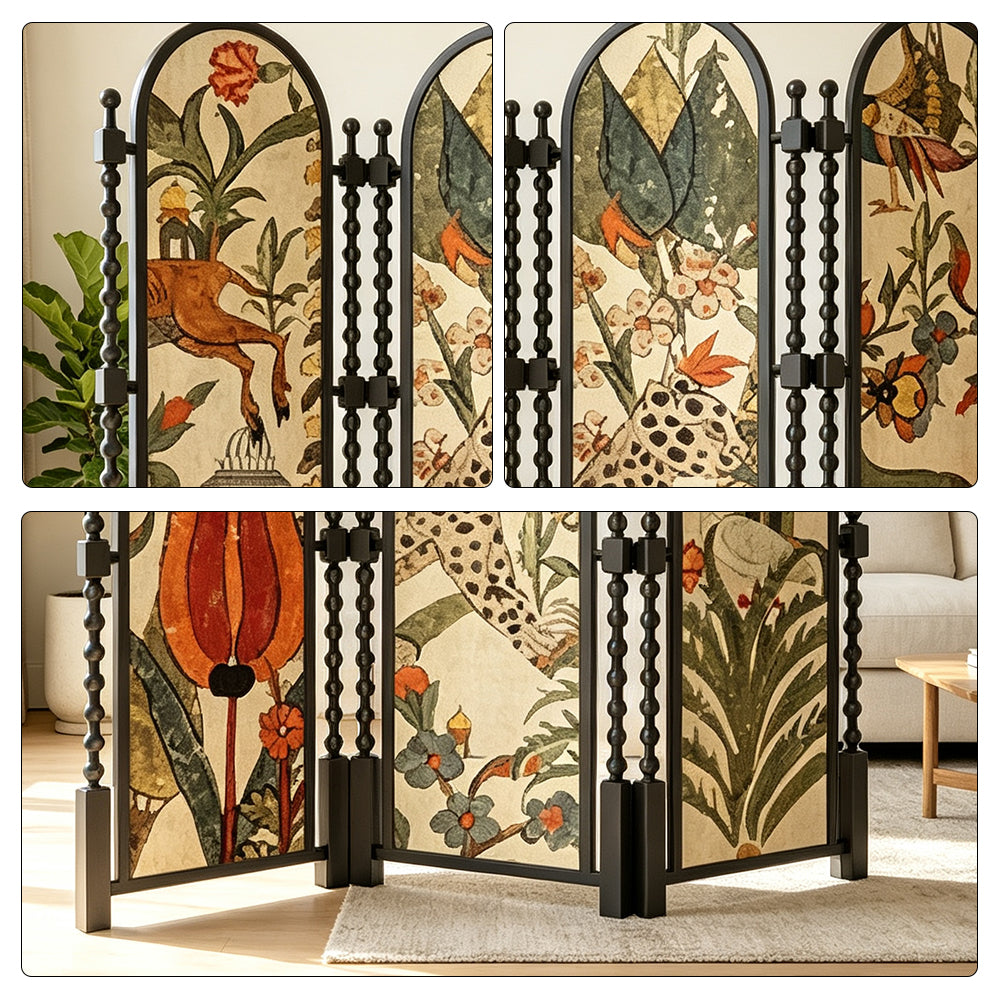 LUXORA 3 Panel Golden Walnut Wood Folding Room Divider with Arched Botanical Print for Living Room Bedroom - Walnut & Multicolour