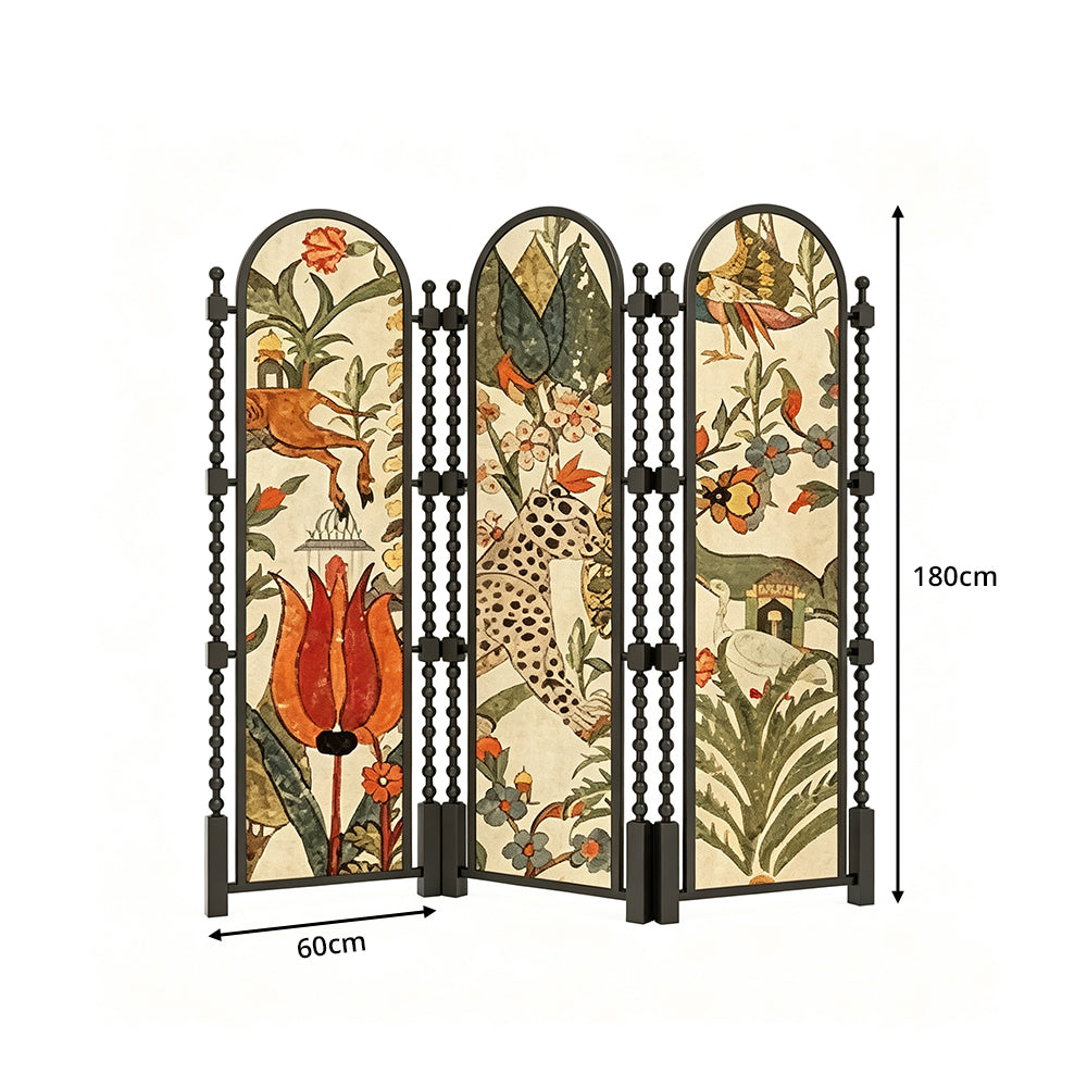 LUXORA 3 Panel Golden Walnut Wood Folding Room Divider with Arched Botanical Print for Living Room Bedroom - Walnut & Multicolour