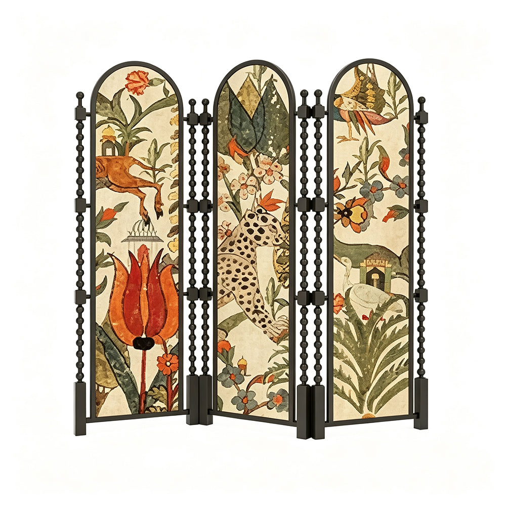 LUXORA 3 Panel Golden Walnut Wood Folding Room Divider with Arched Botanical Print for Living Room Bedroom - Walnut & Multicolour