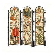 LUXORA 3 Panel Golden Walnut Wood Folding Room Divider with Arched Botanical Print for Living Room Bedroom - Walnut & Multicolour