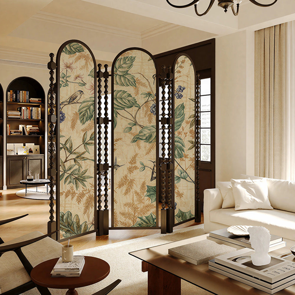 LUXORA 3 Panel Golden Walnut Wood Folding Room Divider with Arched Botanical Print for Living Room Bedroom - White & Green