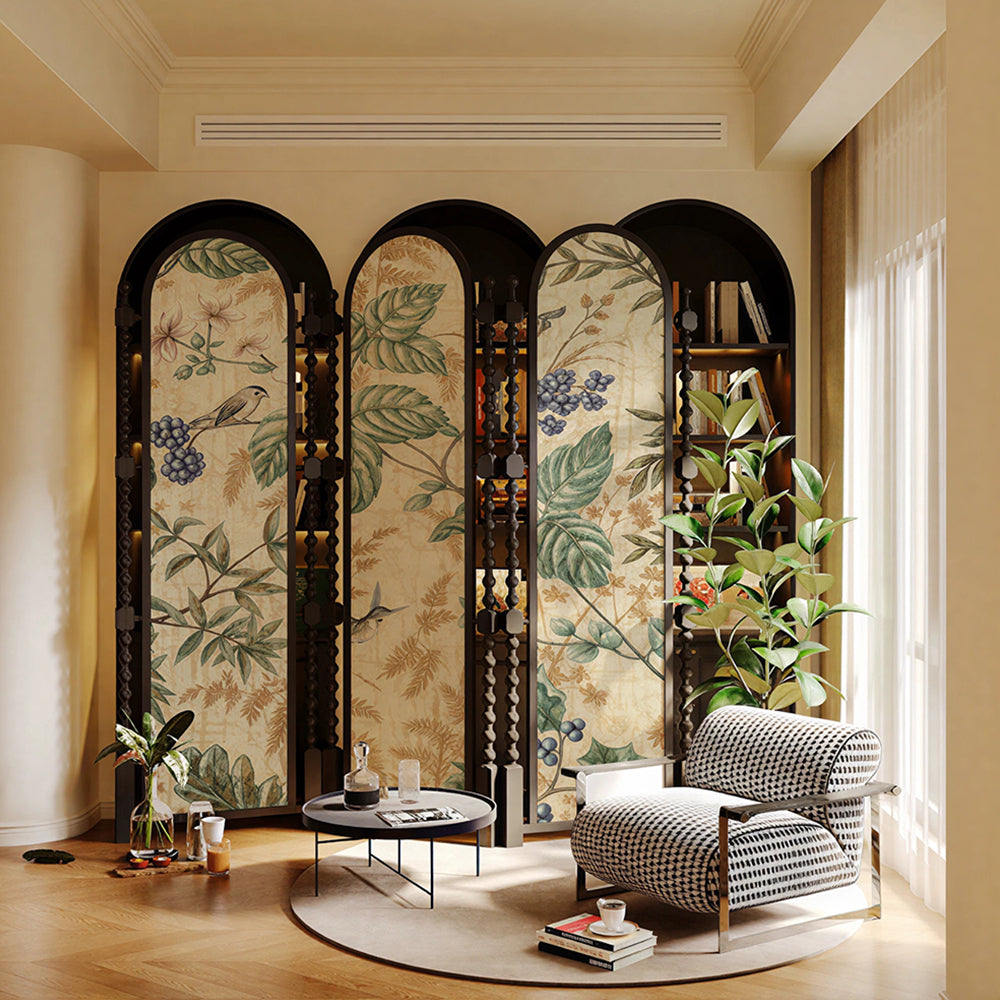 LUXORA 3 Panel Golden Walnut Wood Folding Room Divider with Arched Botanical Print for Living Room Bedroom - White & Green