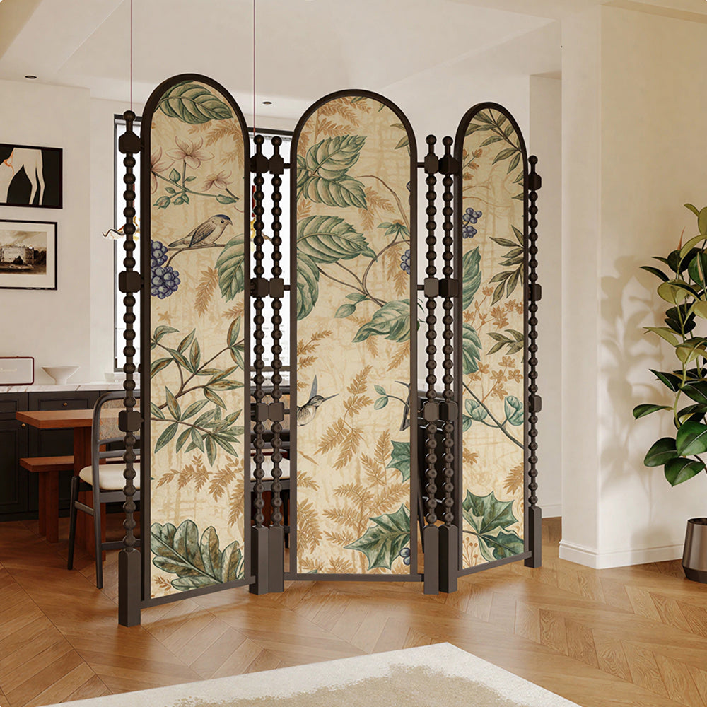 LUXORA 3 Panel Golden Walnut Wood Folding Room Divider with Arched Botanical Print for Living Room Bedroom - White & Green