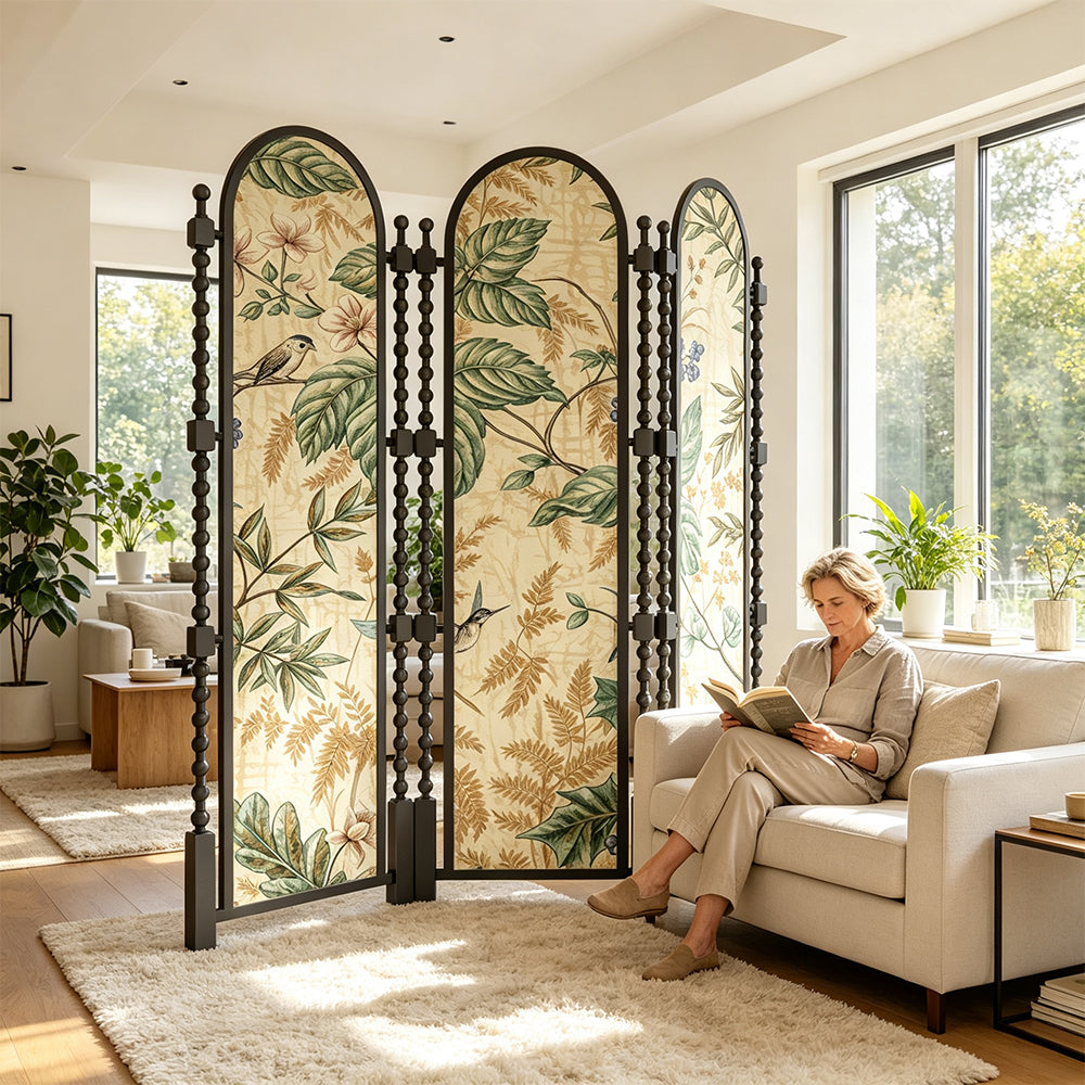 LUXORA 3 Panel Golden Walnut Wood Folding Room Divider with Arched Botanical Print for Living Room Bedroom - White & Green