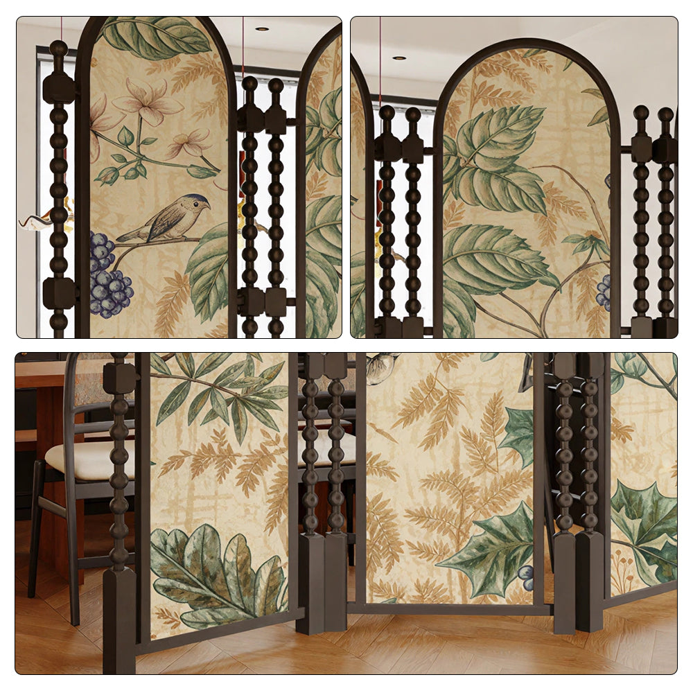 LUXORA 3 Panel Golden Walnut Wood Folding Room Divider with Arched Botanical Print for Living Room Bedroom - White & Green