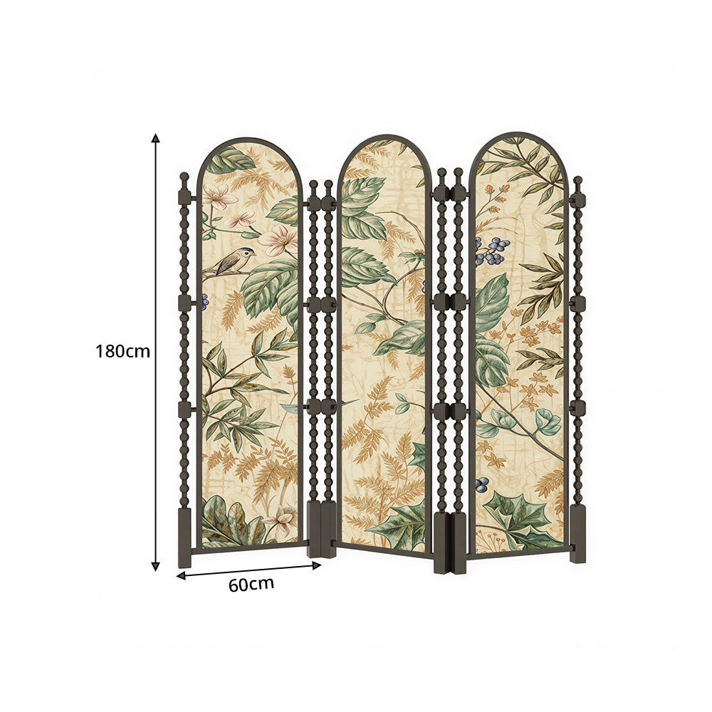 LUXORA 3 Panel Golden Walnut Wood Folding Room Divider with Arched Botanical Print for Living Room Bedroom - White & Green