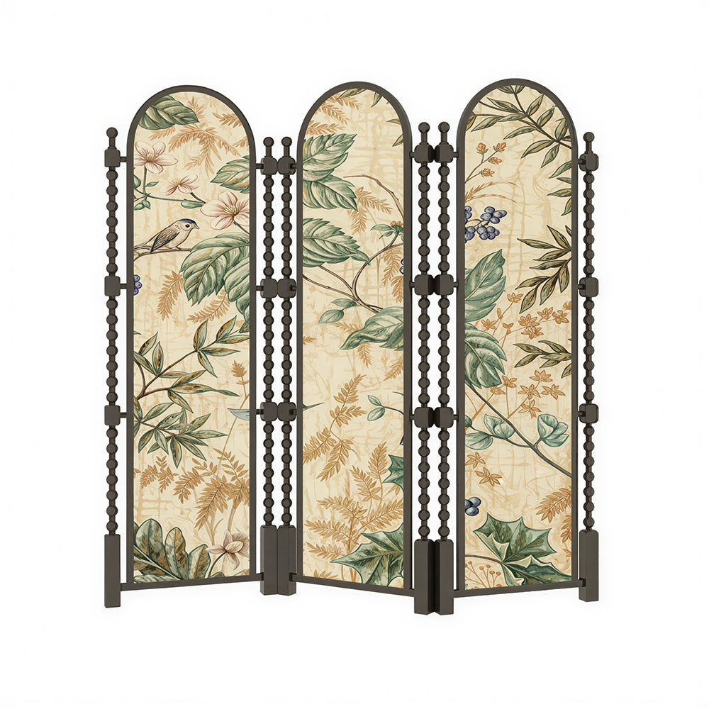 LUXORA 3 Panel Golden Walnut Wood Folding Room Divider with Arched Botanical Print for Living Room Bedroom - White & Green