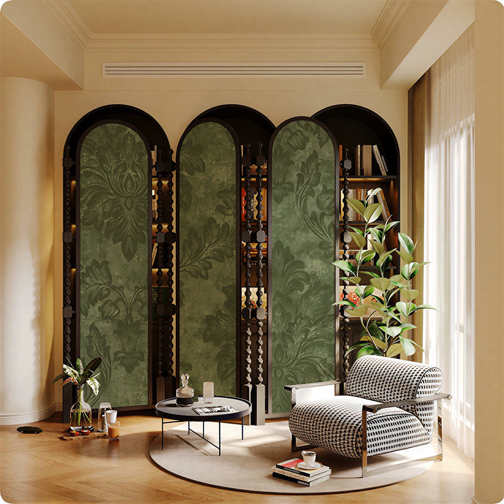 LUXORA Walnut Wood Folding Room Divider with Arched Botanical Fabric for Living Room Bedroom - Walnut & Green