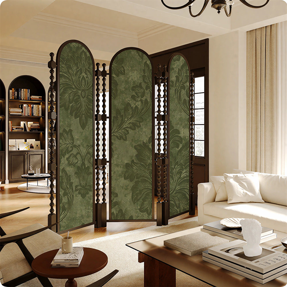 LUXORA Walnut Wood Folding Room Divider with Arched Botanical Fabric for Living Room Bedroom - Walnut & Green