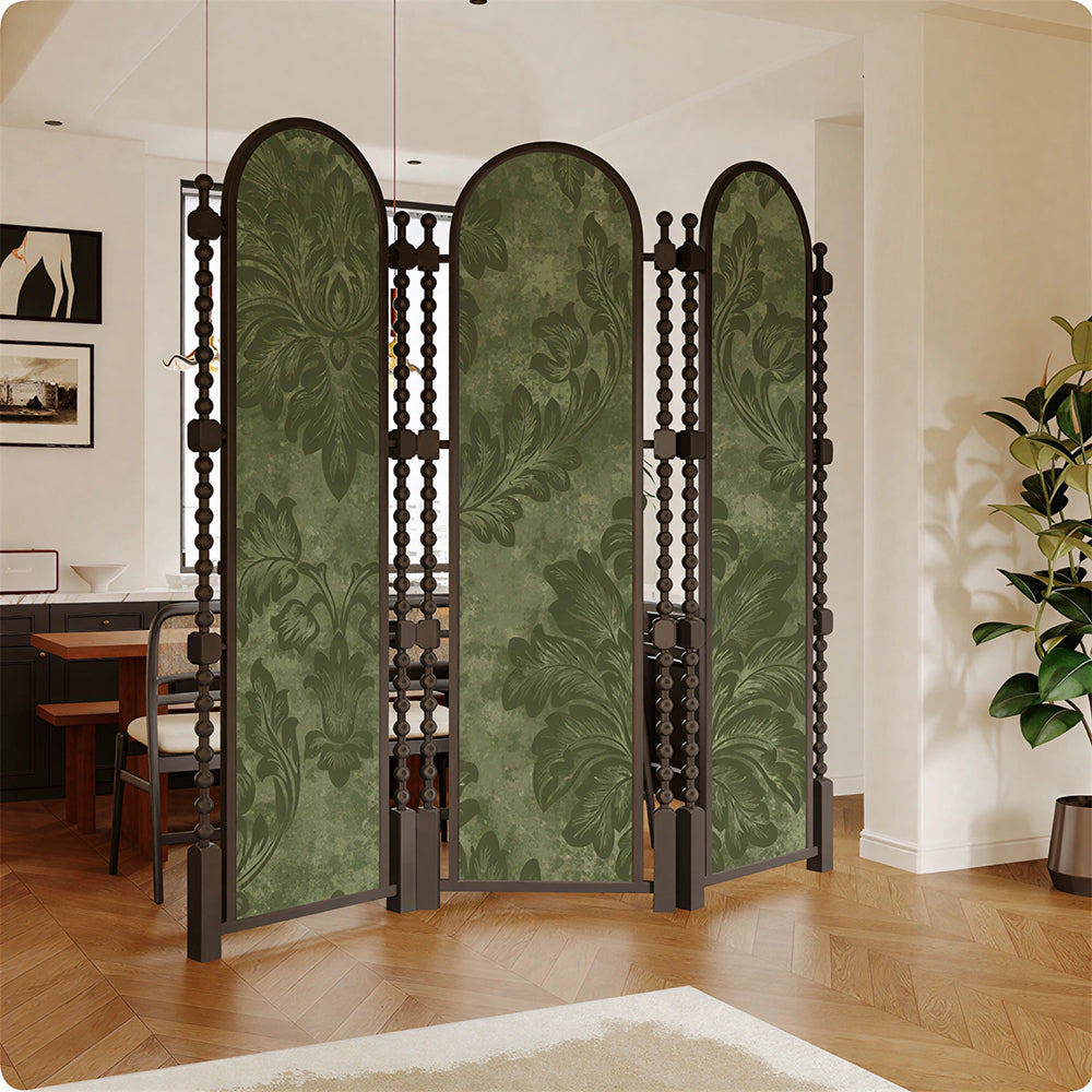 LUXORA Walnut Wood Folding Room Divider with Arched Botanical Fabric for Living Room Bedroom - Walnut & Green