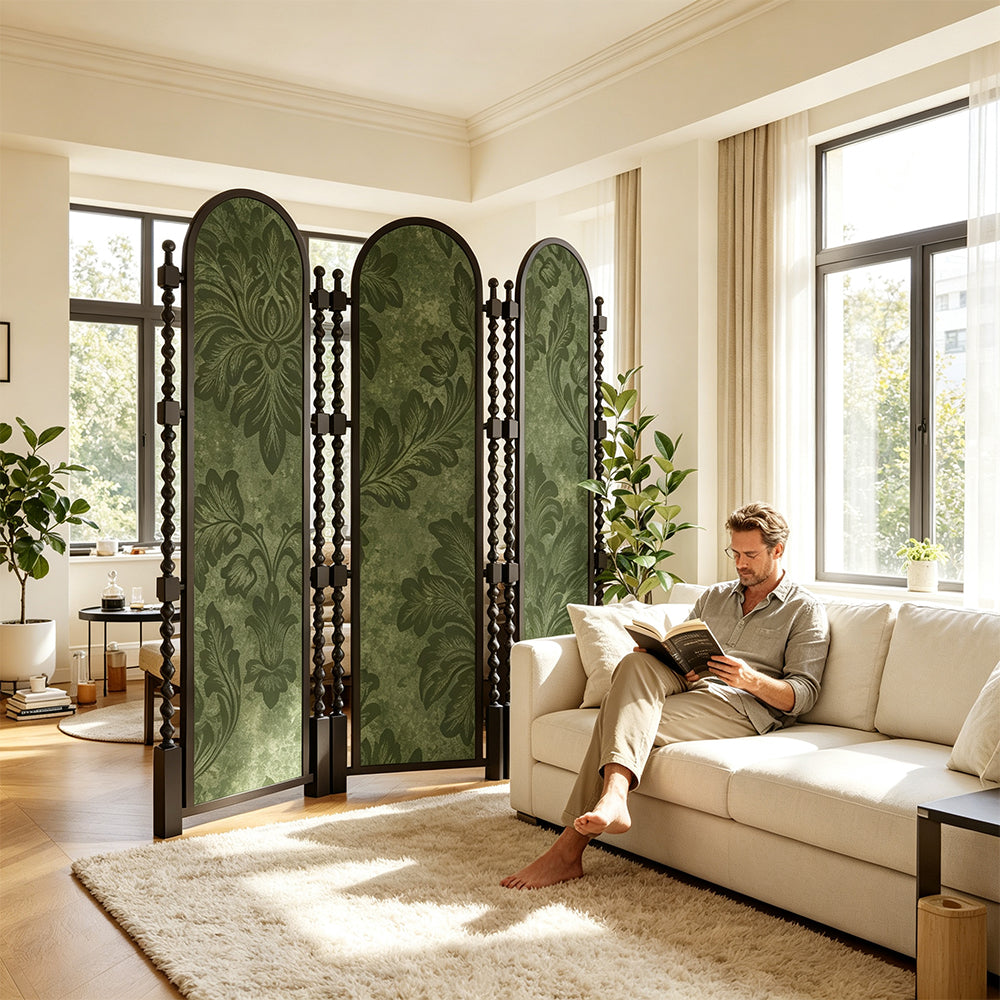 LUXORA Walnut Wood Folding Room Divider with Arched Botanical Fabric for Living Room Bedroom - Walnut & Green