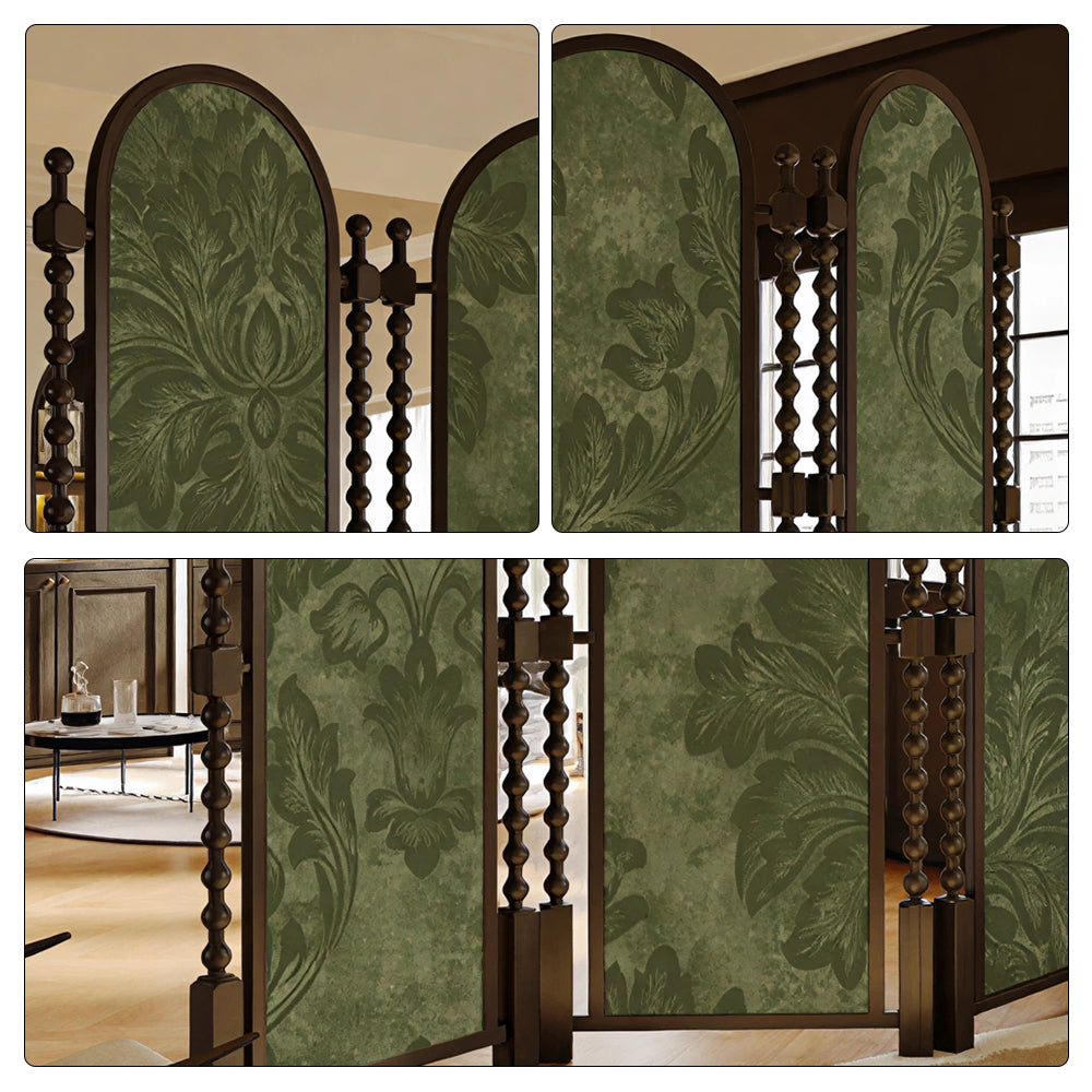 LUXORA Walnut Wood Folding Room Divider with Arched Botanical Fabric for Living Room Bedroom - Walnut & Green