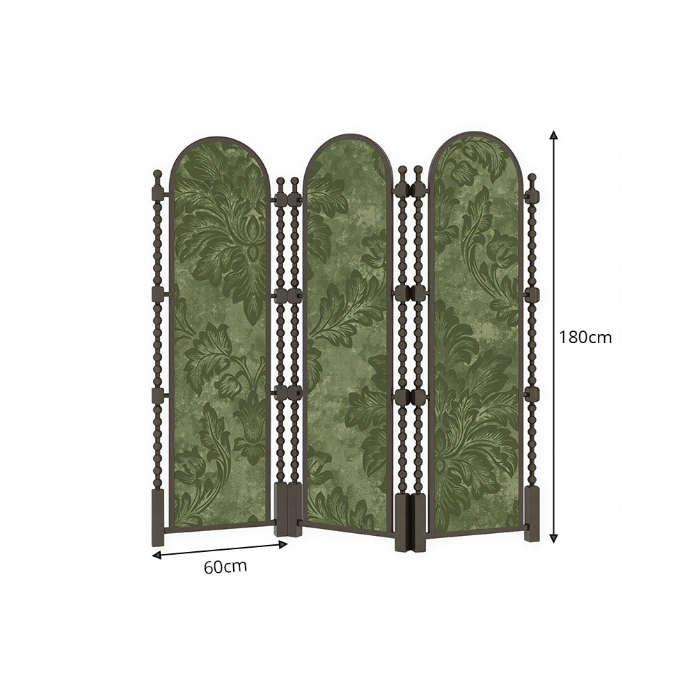LUXORA Walnut Wood Folding Room Divider with Arched Botanical Fabric for Living Room Bedroom - Walnut & Green