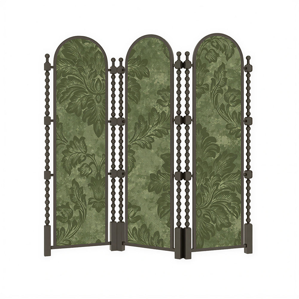 LUXORA Walnut Wood Folding Room Divider with Arched Botanical Fabric for Living Room Bedroom - Walnut & Green