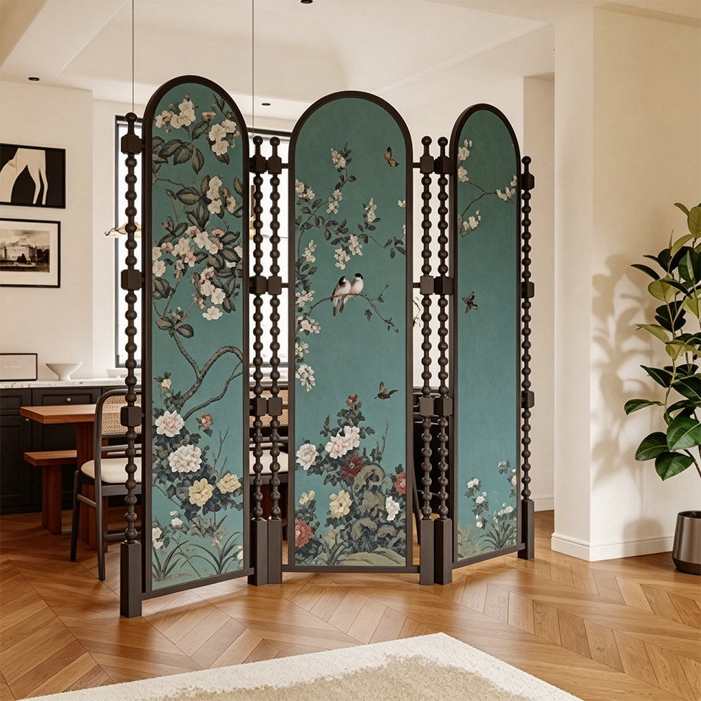 LUXORA Walnut Wood Folding Room Divider with Arched Floral Fabric for Living Room Bedroom - Walnut & Teal
