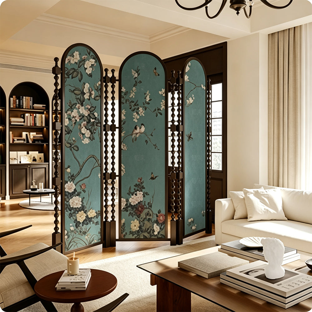 LUXORA Walnut Wood Folding Room Divider with Arched Floral Fabric for Living Room Bedroom - Walnut & Teal