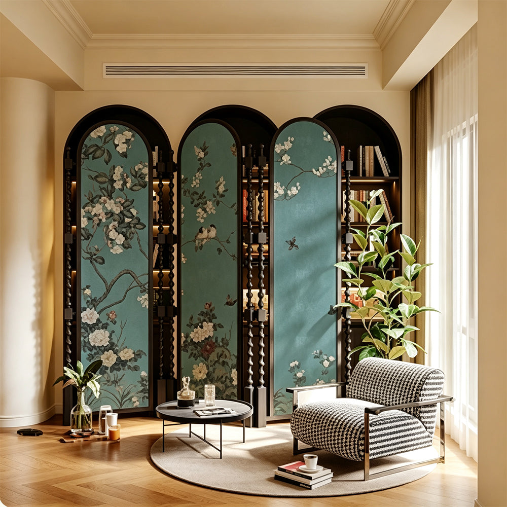 LUXORA Walnut Wood Folding Room Divider with Arched Floral Fabric for Living Room Bedroom - Walnut & Teal