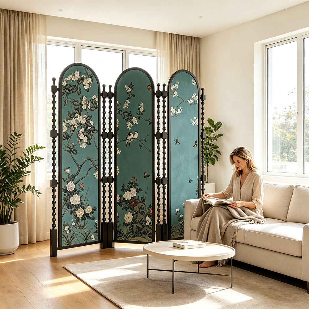 LUXORA Walnut Wood Folding Room Divider with Arched Floral Fabric for Living Room Bedroom - Walnut & Teal