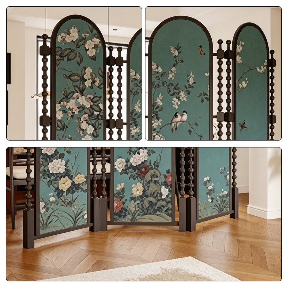 LUXORA Walnut Wood Folding Room Divider with Arched Floral Fabric for Living Room Bedroom - Walnut & Teal