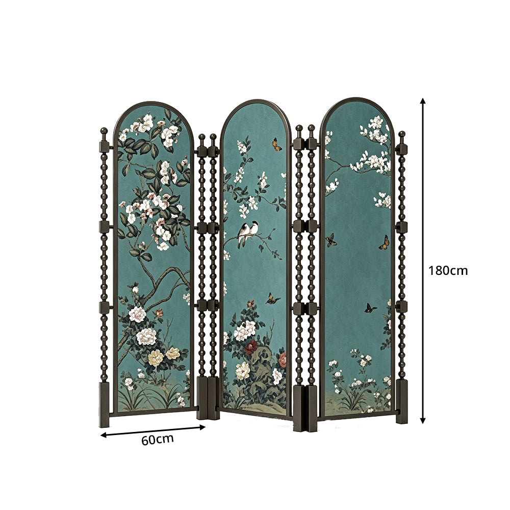 LUXORA Walnut Wood Folding Room Divider with Arched Floral Fabric for Living Room Bedroom - Walnut & Teal