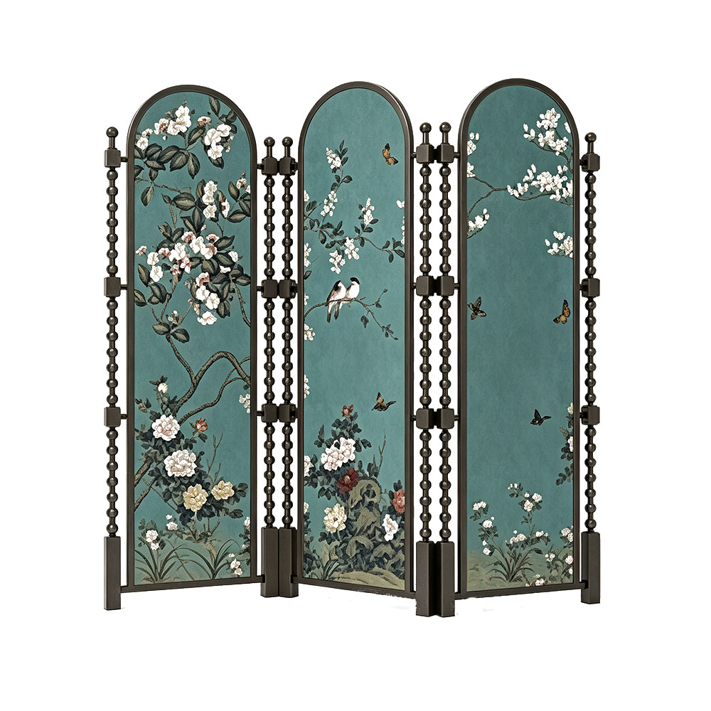 LUXORA Walnut Wood Folding Room Divider with Arched Floral Fabric for Living Room Bedroom - Walnut & Teal
